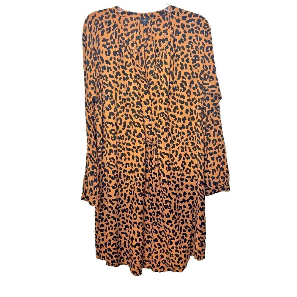 Rails Womens Brown Leopard Print Pleated Tie Waist Button Up Shirt Dress Large